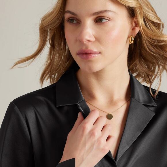 Black Party or Work Blouse by Rhone, Satin Button-Up – Size Medium - Picture 3 of 5